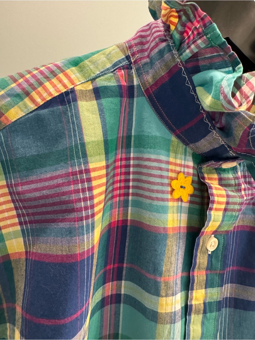 Ralph Lauren Blue, Green & Yellow Plaid Ruffle-Collar Button-Front Shirt - Picture 4 of 7